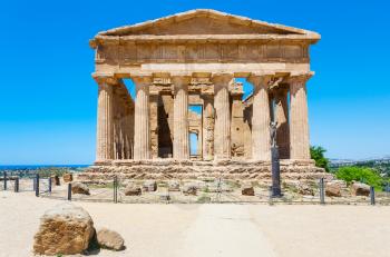 AGRIGENTO, ITALY - JUNE 29, 2011: front view of Tempio della Concordia in Valley of the Temples in Sicily. This area has largest and best-preserved ancient Greek buildings outside of Greece itself