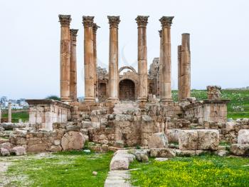 Travel to Middle East country Kingdom of Jordan - front view of Temple of Artemis in Jerash (ancient Gerasa) town in winter