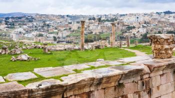 Travel to Middle East country Kingdom of Jordan - view of Jerash city and ancient Gerasa town from temple of artemis in winter