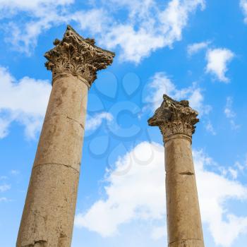 Travel to Middle East country Kingdom of Jordan - two column on Agora ancient market in Jerash (ancient Gerasa) town in winter