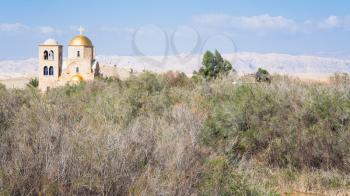 Travel to Middle East country Kingdom of Jordan - St John the Baptist Church in Wadi Al Kharrar area (Tell Al-Kharrar, Elijah's Hill) near Baptism Site (Al-Maghtas) in sunny winter day