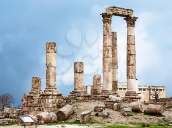 AMMAN, JORDAN - FEBRUARY 18, 2012: Temple of Hercules at Amman Citadel in winter. The Temple was built in roman period 162-166 AD, when the city was known as Philadelphia