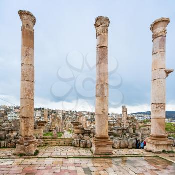 JERASH, JORDAN - FEBRUARY 18, 2012: columns of Temple of Artemis in winter. Greco-Roman town Gerasa (Antioch on the Golden River) was founded by Alexander the Great or his general Perdiccas
