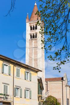travel to Italy - urban house and bell tower of Basilica di San Zeno in Verona city in spring