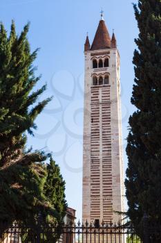 travel to Italy - campanile of Basilica of San Zeno (Basilica di San Zeno, San Zeno Maggiore, San Zenone) in Verona city in spring
