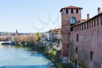 travel to Italy - cityscape with castelvecchio castle and Adige river in Verona city in spring