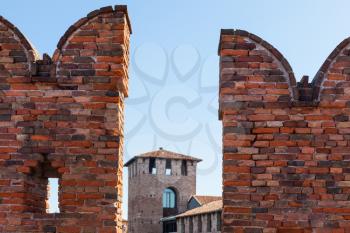 travel to Italy - m-shaped merlons of Castelvecchio (Scaliger) Bridge close up in Verona city