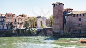 travel to Italy - view of Arco dei Gavi and Castelvecchio (Scaliger) Castel from Adige river in Verona city in spring