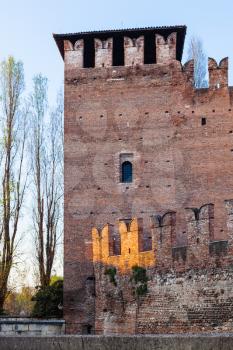 travel to Italy - tower of Castelvecchio (Scaliger) Castel in Verona city in spring evening
