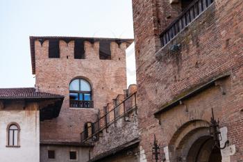 travel to Italy - view of towers of Castelvecchio (Scaliger) Castel from courtyard in Verona city