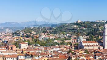 travel to Italy - above view of Verona city with castel san pietro hill from tower Torre dei Lamberti in spring