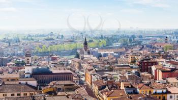 travel to Italy - above view of Verona city with waterfront of Adige River from tower Torre dei Lamberti in spring