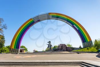 travel to Ukraine - rainbow painted Arch of Diversity (Friendship of Nations Arch, Arch of Friendship of People), Kyiv Pride Parade symbol in Kiev city in spring