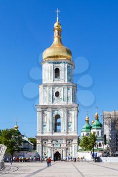 KIEV, UKRAINE - MAY 5, 2017: view of belltower of Saint Sophia Cathedral from St Sophia Square. The cathedral is the first heritage site in Ukraine to be inscribed on the World Heritage List