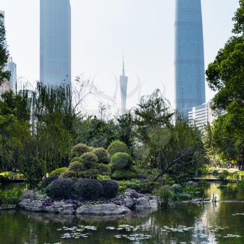 travel to China - pond in Zhujiang urban park in Guangzhou city in spring season