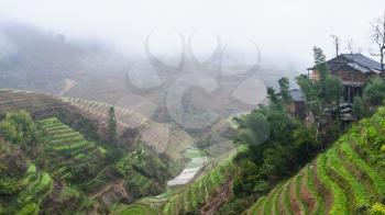 travel to China - view of terraced hills of Tiantouzhai village in area Dazhai Longsheng Rice Terraces (Dragon's Backbone terrace, Longji Rice Terraces) country in spring