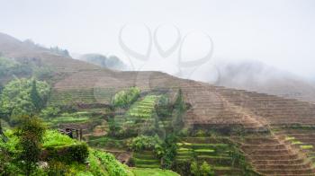 travel to China - view of hills with terraced rice fields in rain from Tiantouzhai village in area Dazhai Longsheng Rice Terraces (Dragon's Backbone terrace, Longji Rice Terraces) country in spring