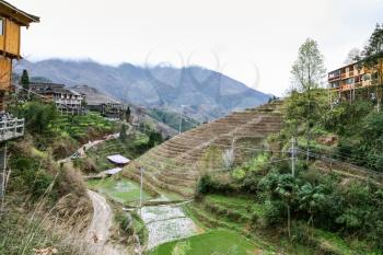 travel to China - path to Dazhai village in area Longsheng Rice Terraces (Dragon's Backbone terrace, Longji Rice Terraces) country in spring day