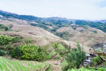 travel to China - view of terraced fields and houses of Tiantouzhai village in area Dazhai Longsheng Rice Terraces (Dragon's Backbone terrace, Longji Rice Terraces) country in spring day