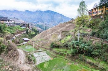 travel to China - way to Dazhai village in area Longsheng Rice Terraces (Dragon's Backbone terrace, Longji Rice Terraces) country in spring day