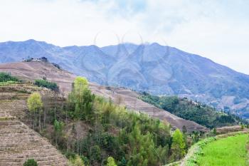 travel to China - view of mountain near Dazhai village in country of Longsheng Rice Terraces (Dragon's Backbone terrace, Longji Rice Terraces) in spring