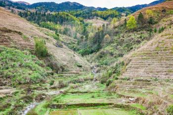 travel to China - view of terraced hills and creek in Dazhai village in country of Longsheng Rice Terraces (Dragon's Backbone terrace, Longji Rice Terraces) in spring
