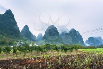 travel to China - gardens near karst mountain in Yangshuo County in spring season
