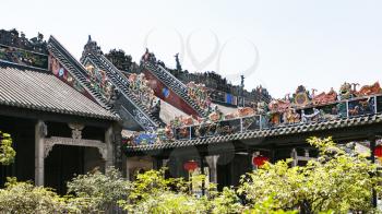 GUANGZHOU, CHINA - APRIL 1, 2017: roof decoration of Chen Clan Ancestral Hall academic temple (Guangdong Folk Art Museum) in Guangzhou. The house was prepared for the imperial examinations in 1894