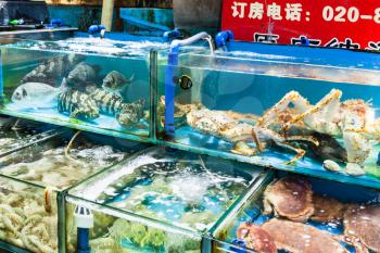 GUANGZHOU, CHINA - MARCH 31, 2107: various crabs and prawns on Huangsha Aquatic Product Trading Market in Guangzhou city in spring season. This is the largest fresh water fish market in Southern China