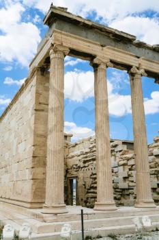 travel to Greece - Ionic columns of athenian Propylaea of Acropolis in Athens city