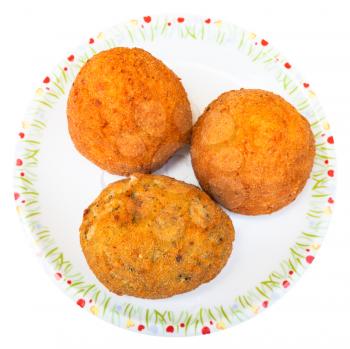 traditional sicilian street food - top view of various rice balls arancini on plate isolated on white background