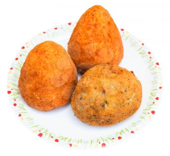 traditional sicilian street food - various rice balls arancini on plate isolated on white background