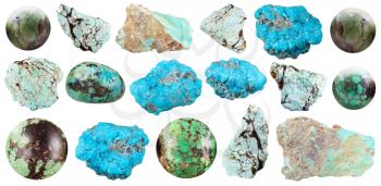 collection of various natural turquoise gemstones isolated on white background