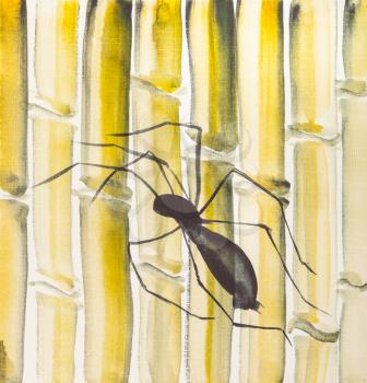 training drawing in suibokuga style with watercolor paints - spider on yellow bamboo trunks