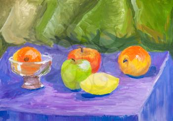 hand painted training color still-life with vase and fresh fruits on table drawn by watercolors on paper