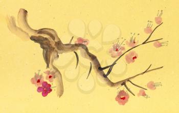 training drawing in suibokuga style with watercolor paints - branch of blossoming plum tree on yellow colored paper