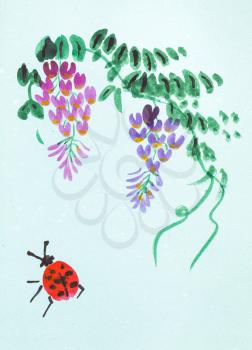 training drawing in suibokuga style with watercolor paints - blossoming wisteria plant and ladybug on blue colored paper
