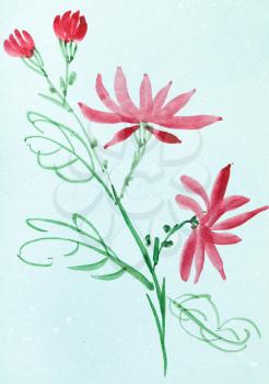 training drawing in suibokuga style with watercolor paints - red flowers on blue colored paper