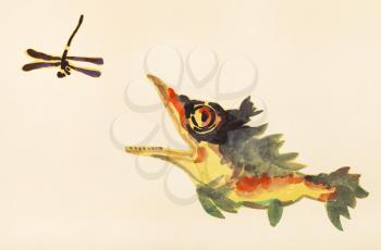 training drawing in suibokuga style with watercolor paints - perch fish hunts for dragonfly on ivory colored paper
