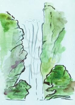training drawing in suibokuga style with watercolor paints - view of waterfall on blue colored paper