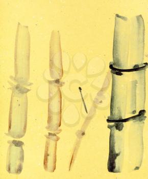 training drawing in suibokuga style with watercolor paints - sketches of bamboo trunks on yellow colored paper