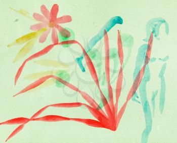 training drawing in suibokuga style with watercolor paints - flower, grass and silhouette of woman on green colored paper