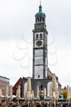 Travel to Germany - view of Perlachturm (medieval clock tower) in Augsburg city in rainy spring day