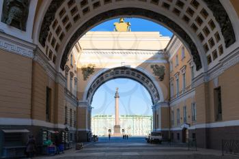 passage in Arch of General Staff Building on Bolshaya Morskaya Street to Palace Square in Saint Petersburg city in March morning