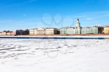 view of Universitetskaya Quay with palaces on Vasilievsky Island in St Petersburg city from the Palace Bridge in sunny spring day