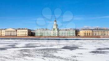 front view of Universitetskaya Embankment with baroque palaces on Vasilievsky Island in St Petersburg city in sunny spring day
