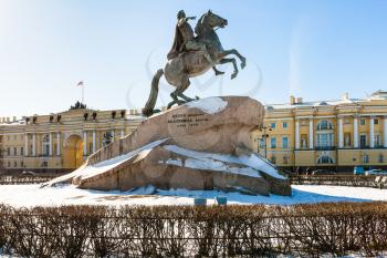 Bronze Horseman figure of Peter the Great in the Senate Square in Saint Petersburg. The monument was built in 1768-1782, inscription on stone: To Peter the First from Catherine the Second, 1782