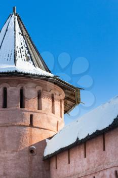 outer wall and tower of Monastery of Our Savior and St Euthymius in Suzdal town in winter in Vladimir oblast of Russia