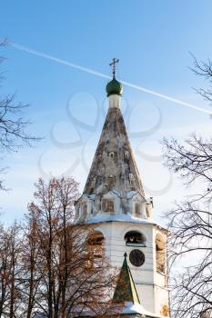 bell tower with clock in Suzdal Kremlin in winter in Vladimir oblast of Russia
