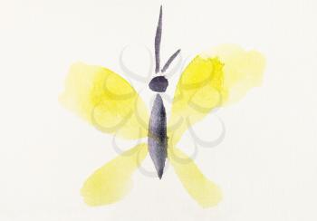 hand painting in sumi-e style on cream paper - flying butterfly with yellow wings drawn by black watercolors